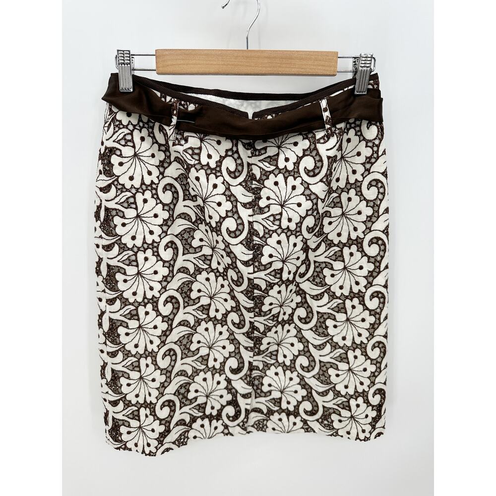 Cynthia Cynthia Steffe Brown White Linen Cotton Embroidered Knee Length Skirt 6 - Picture 2 of 7